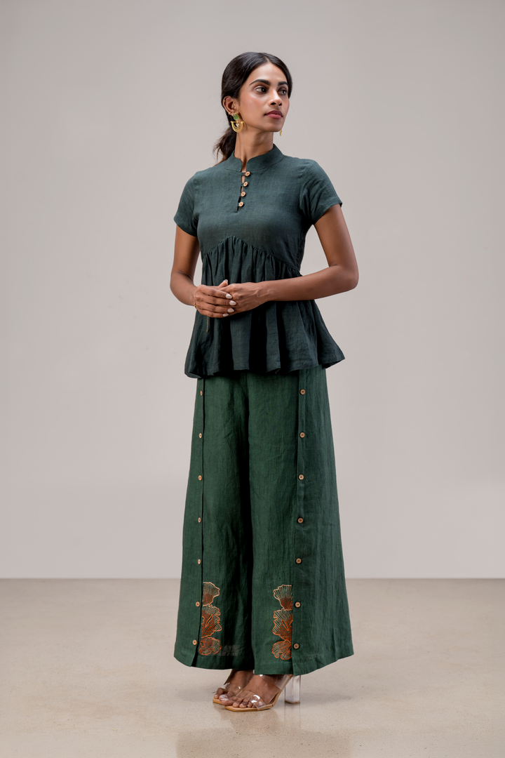 Pure Handloom Linen Peplum Top and Paneled Wide Leg Pant Set
