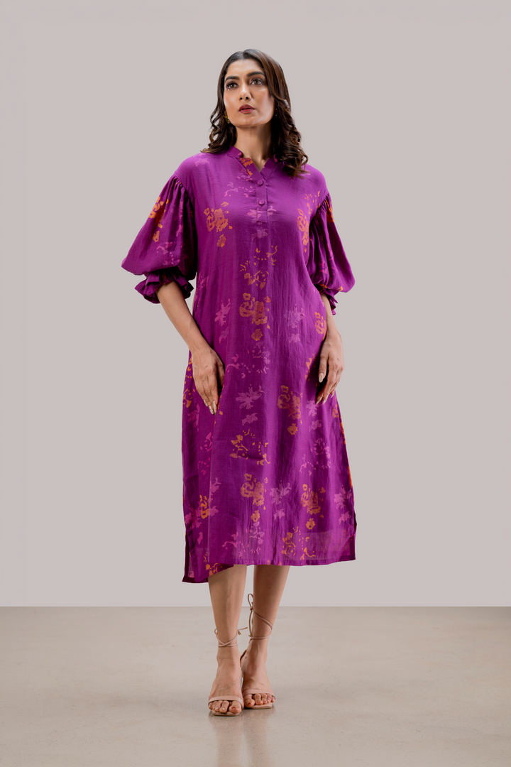 Block Printed Silk Cotton Off-Shoulder Dress with Puff Sleeves