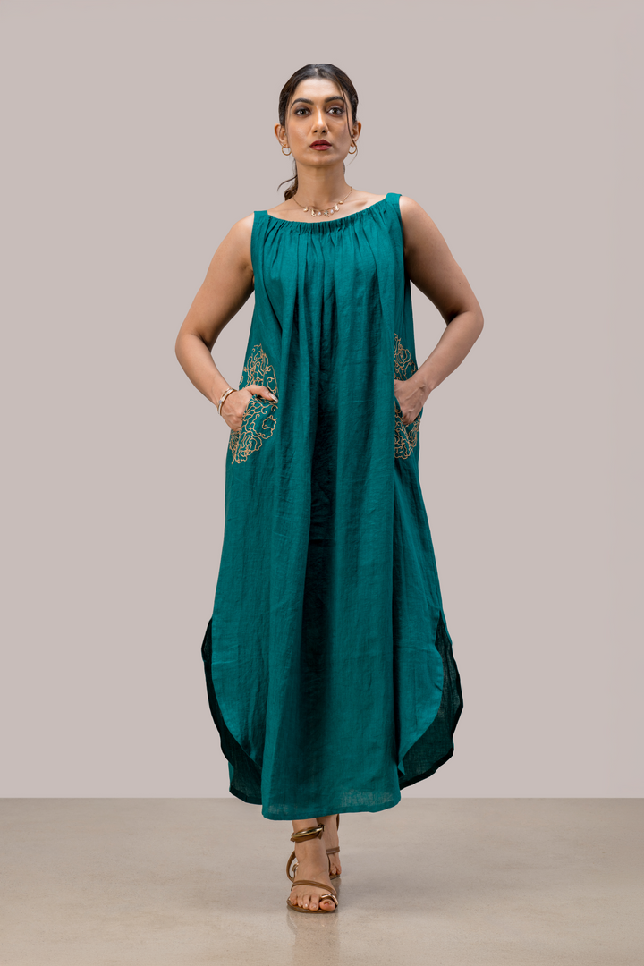 Handloom Linen Gathered Neckline Dress with Hand Embroidery
