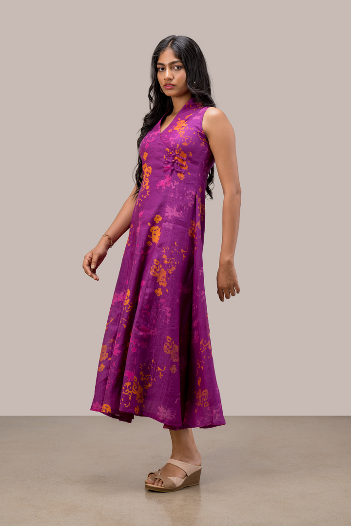 Handloom Silk Cotton A-Line Sleeveless Dress with Pankov Knot Buttons