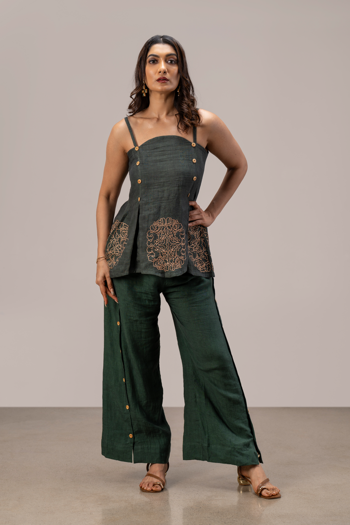 Handloom Linen Box Pleat Top and Paneled Wide Leg Pant Set