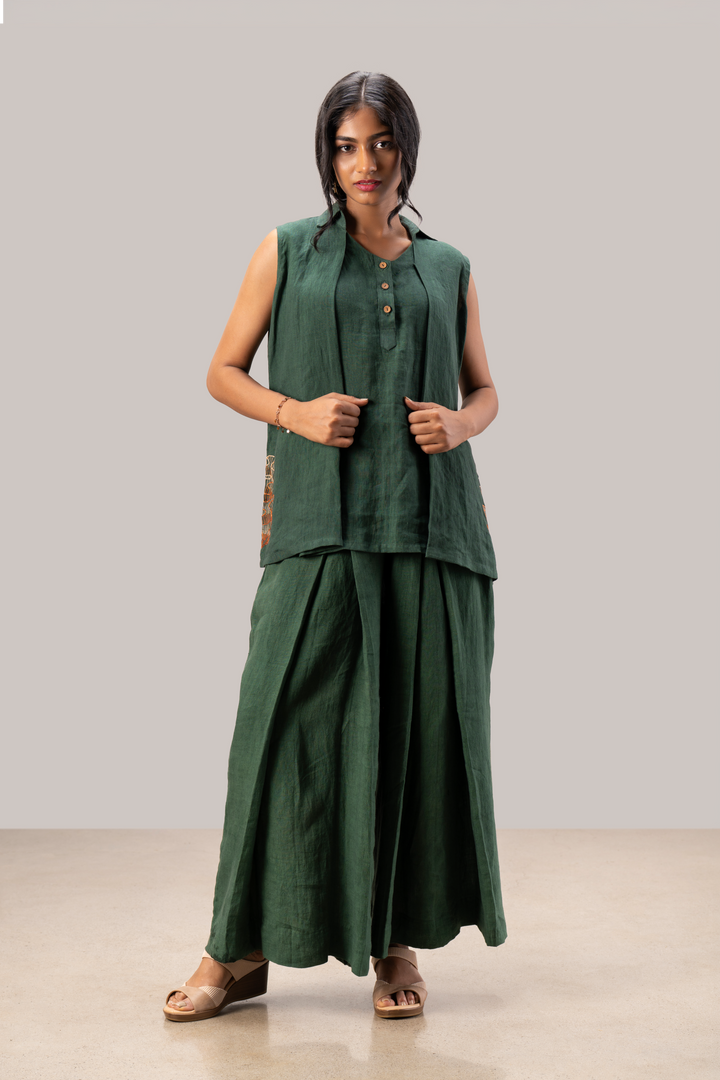 Handloom Linen Pleated Top and Pleated Pant Co-ord Set