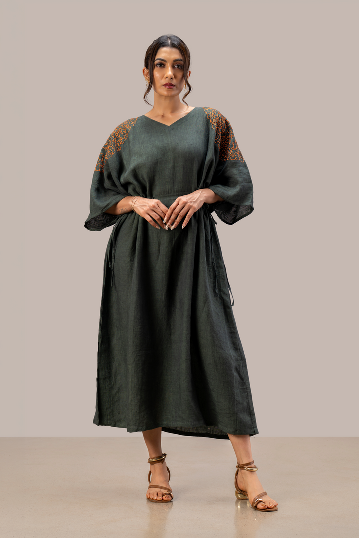 Relaxed Handloom Linen Kimono Dress with Hand Embroidery