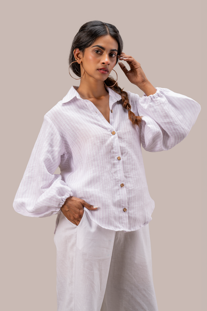 Pure Hemp 3-Placket Shirt with Puff Sleeves