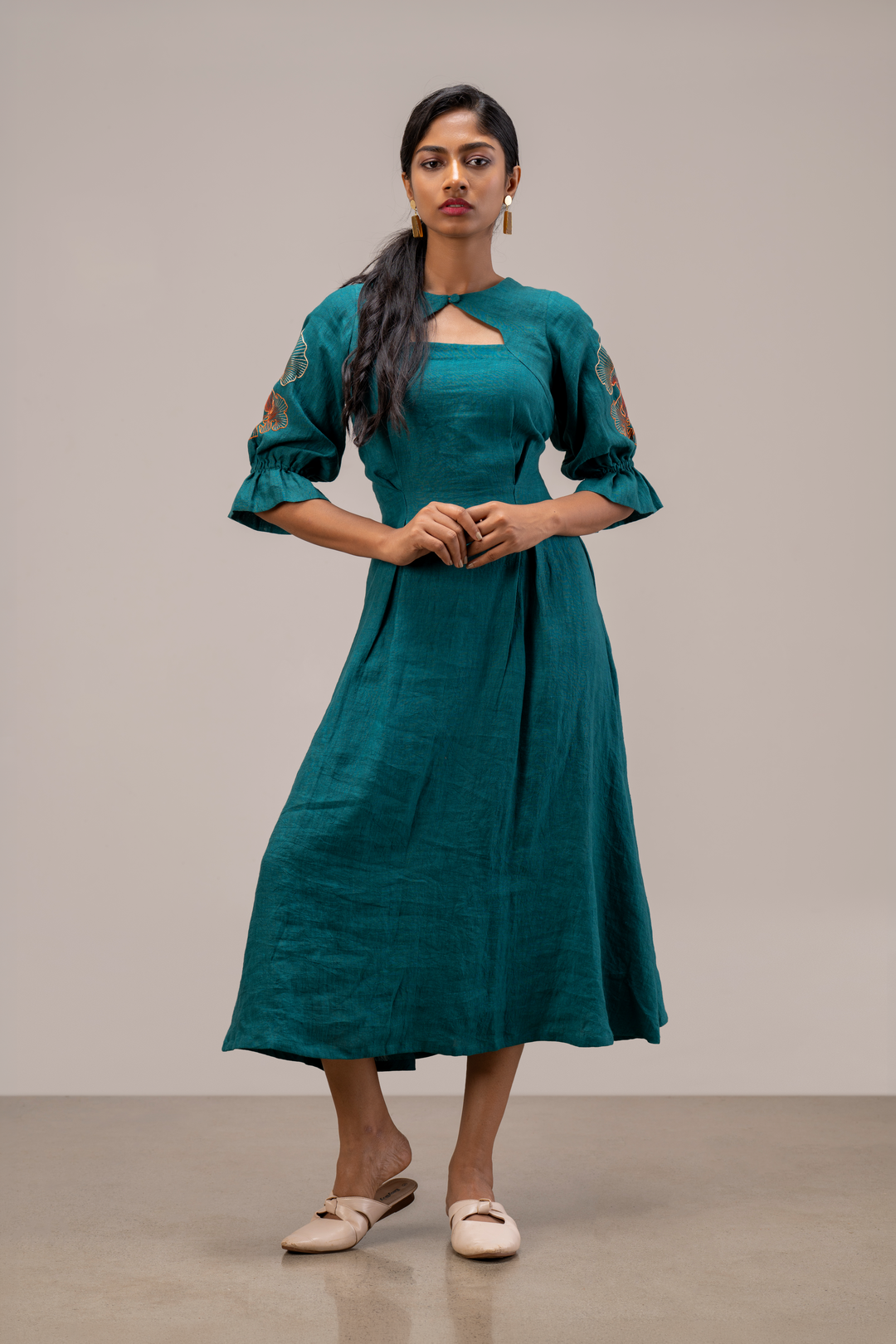 Handloom Linen A-Line Dress with Short Bishop Sleeves