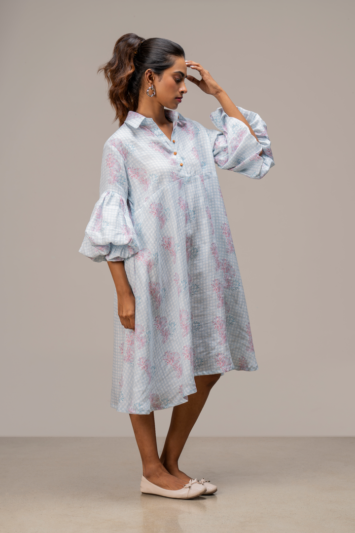 Printed Pure Hemp Dress with Bubble Sleeves