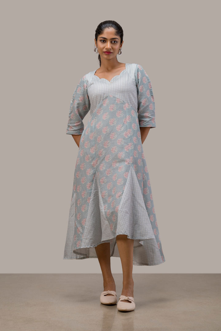 Printed Cotton Hemp Dress with Godets