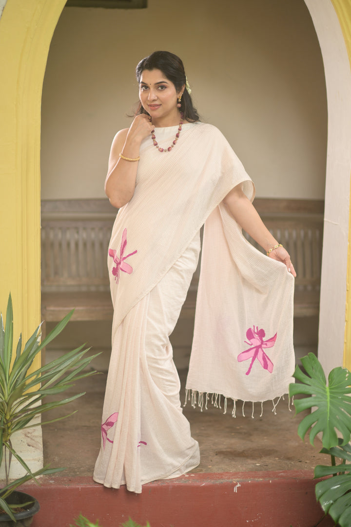 Kadhi Muslin Saree with Cross stitch Pink Dragon Fly