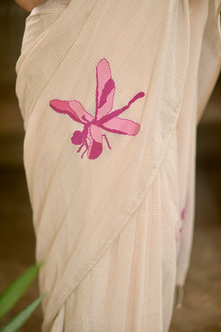 Kadhi Muslin Saree with Cross stitch Pink Dragon Fly
