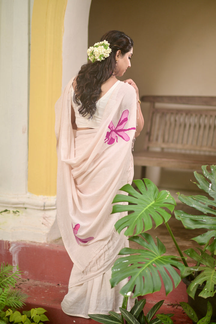 Kadhi Muslin Saree with Cross stitch Pink Dragon Fly