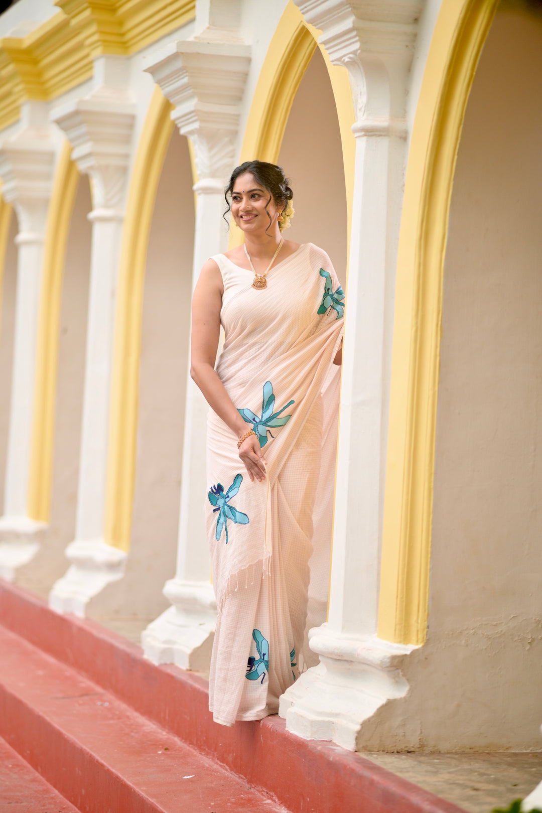 Kadhi Muslin Saree with Cross stitch Blue Dragon Fly
