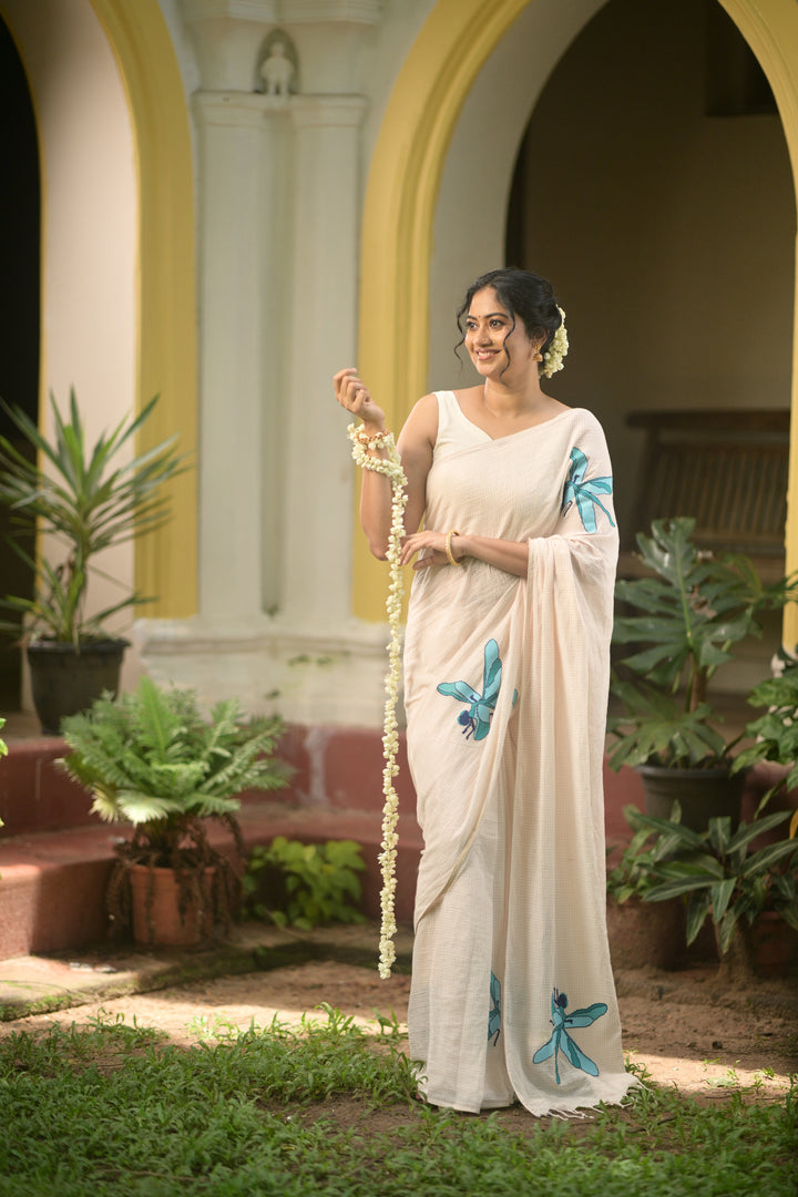 Kadhi Muslin Saree with Cross stitch Blue Dragon Fly
