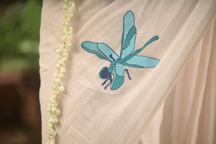 Kadhi Muslin Saree with Cross stitch Blue Dragon Fly