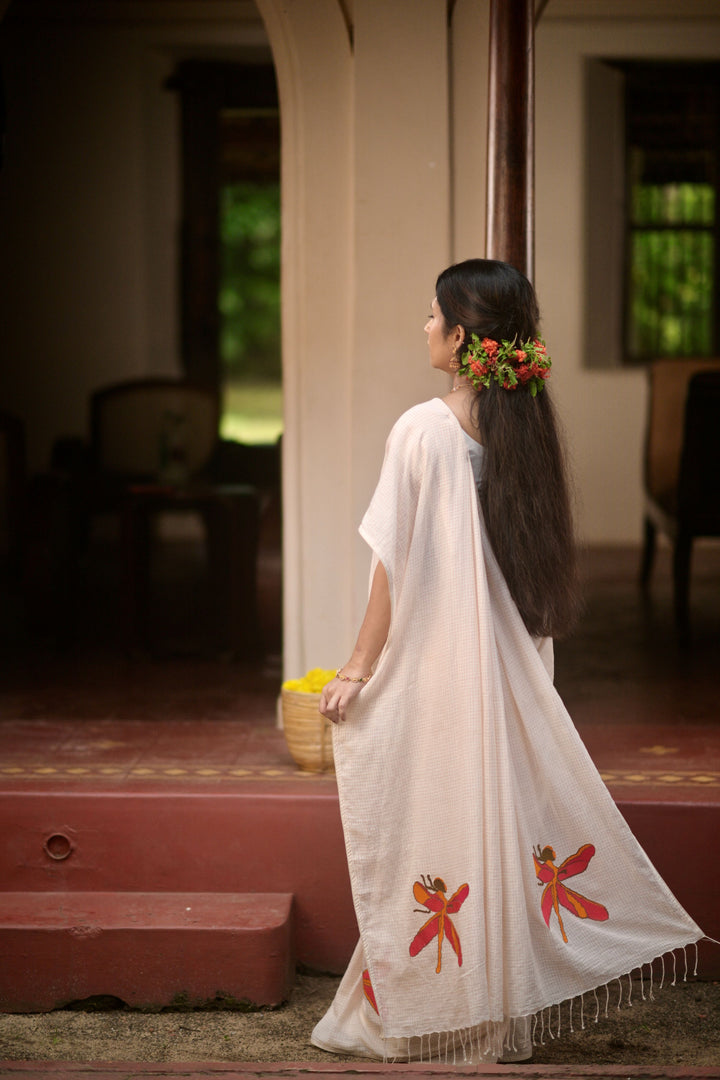Kadhi Muslin Saree with Cross stitch Red Dragon Fly