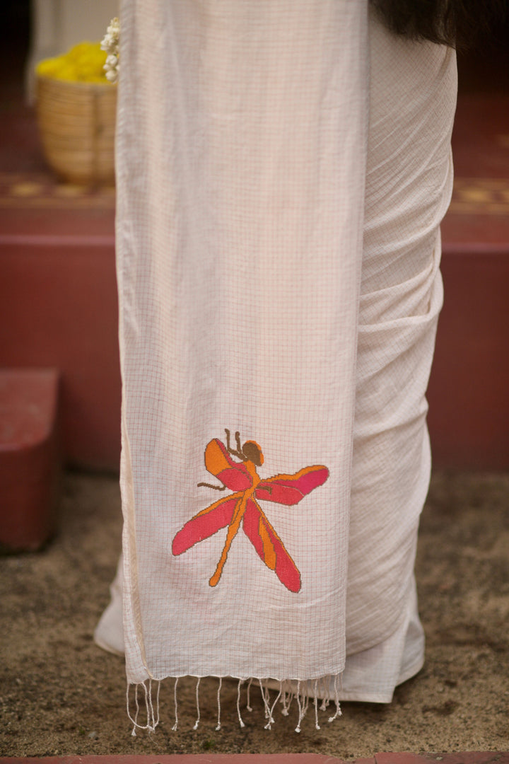 Kadhi Muslin Saree with Cross stitch Red Dragon Fly
