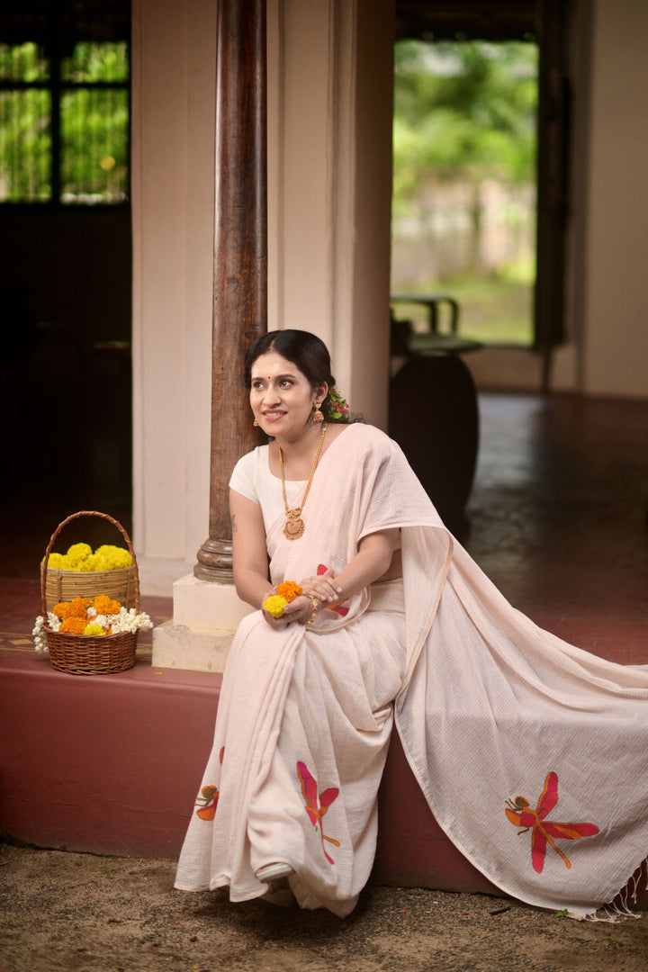 Kadhi Muslin Saree with Cross stitch Red Dragon Fly