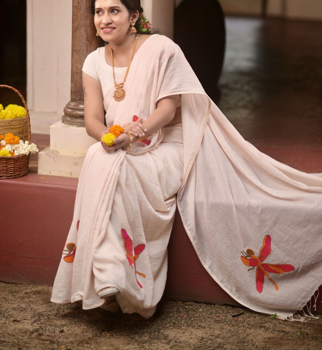 Kadhi Muslin Saree with Cross stitch Red Dragon Fly