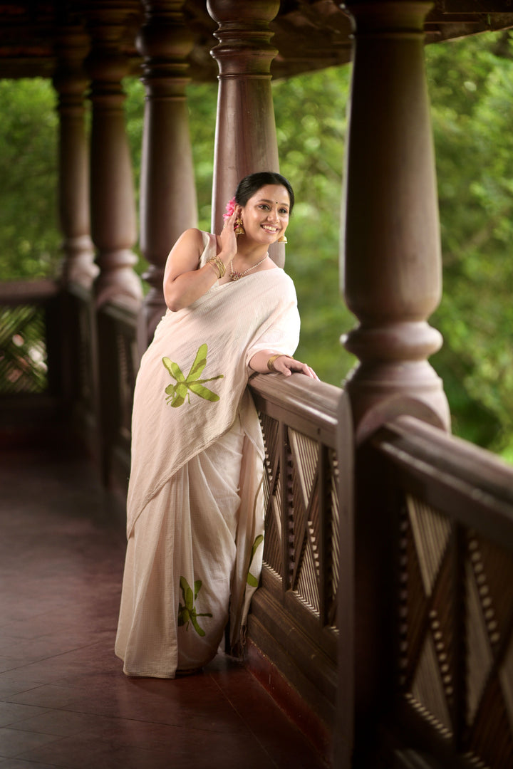 Kadhi Muslin Saree with Cross stitch Green Dragon Fly
