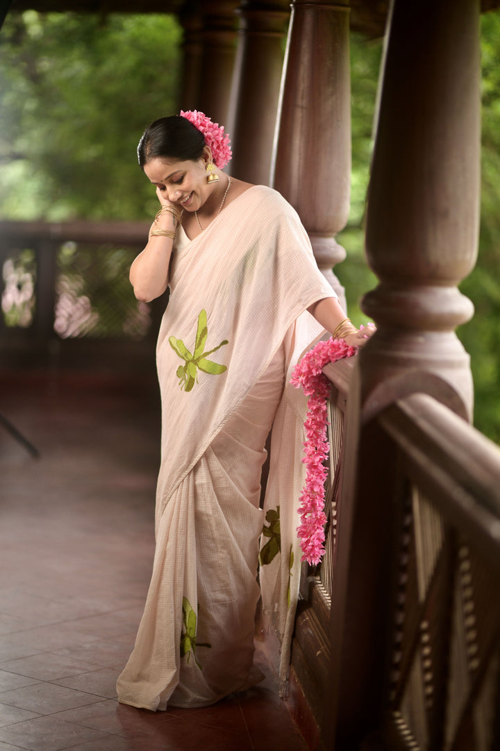 Kadhi Muslin Saree with Cross stitch Green Dragon Fly
