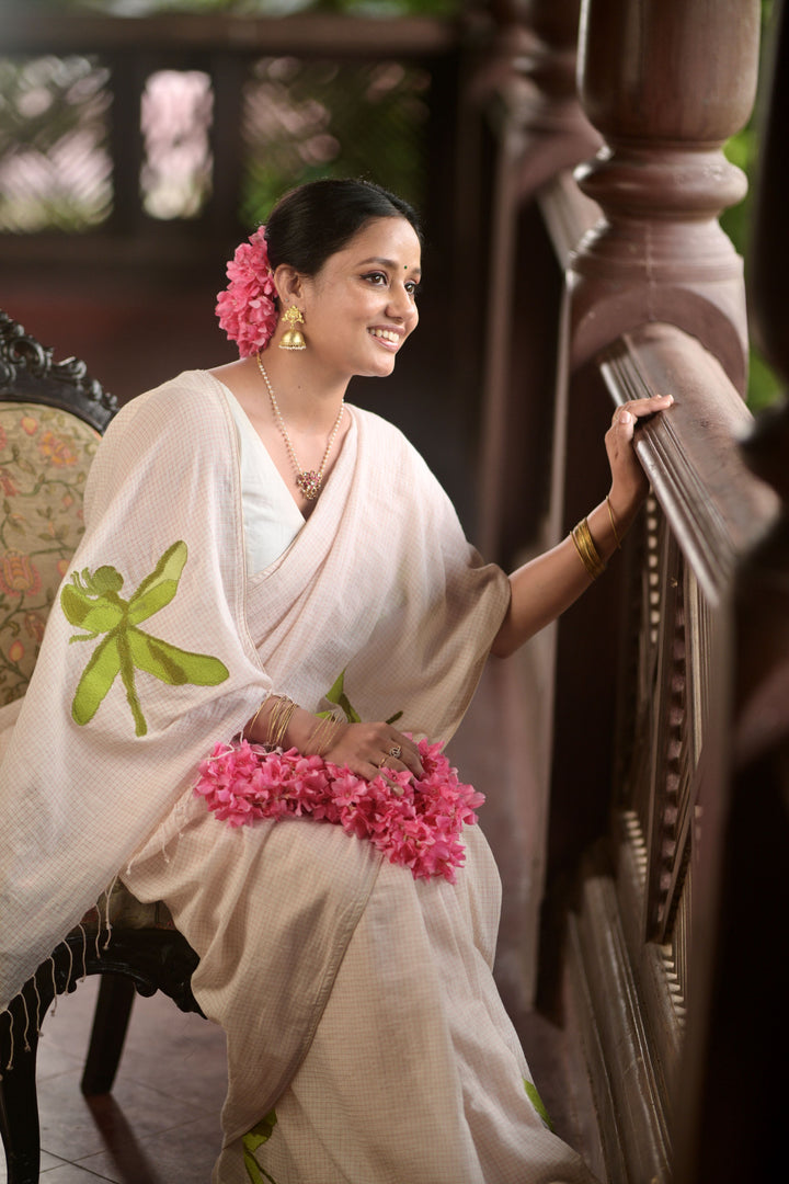 Kadhi Muslin Saree with Cross stitch Green Dragon Fly