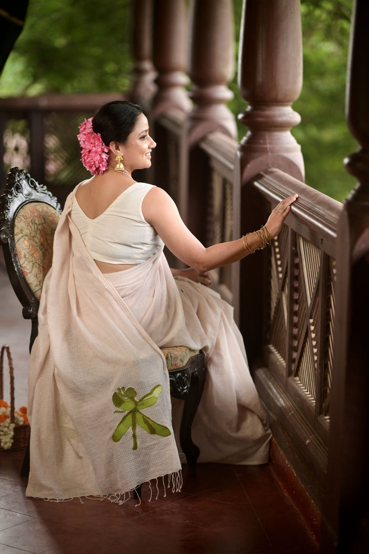 Kadhi Muslin Saree with Cross stitch Green Dragon Fly