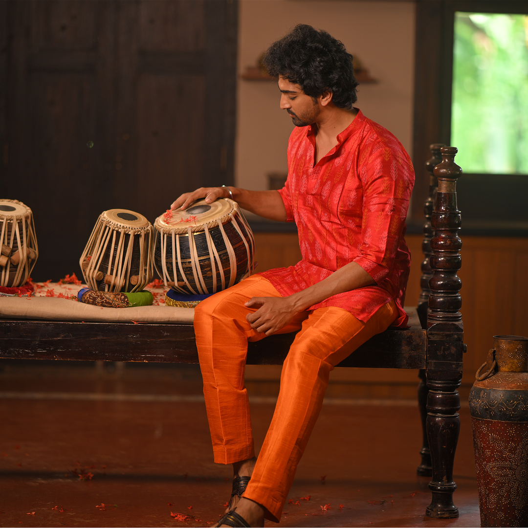 Red Handwoven Kurta with Bold Orange Pyajama - Set