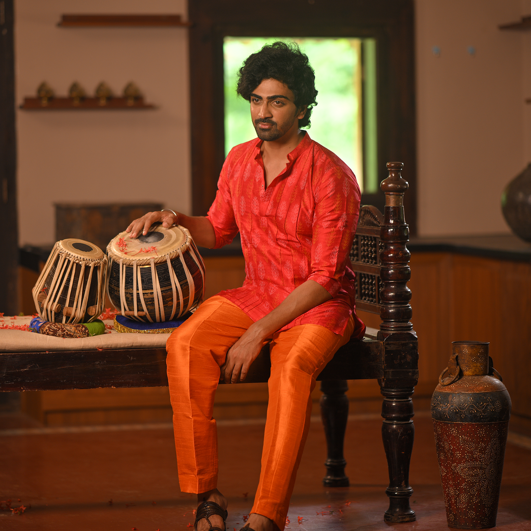 Red Handwoven Kurta with Bold Orange Pyajama - Set