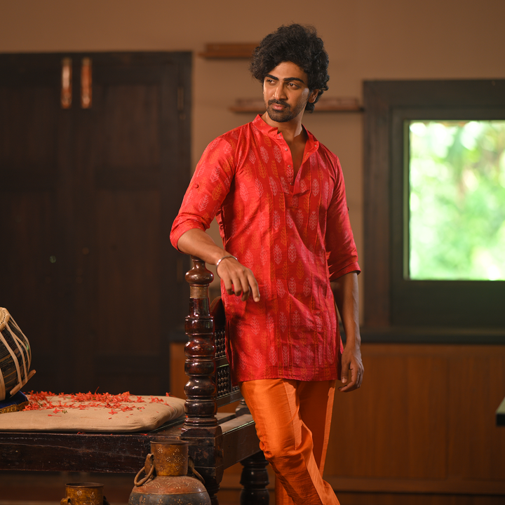 Red Handwoven Kurta with Bold Orange Pyajama - Set