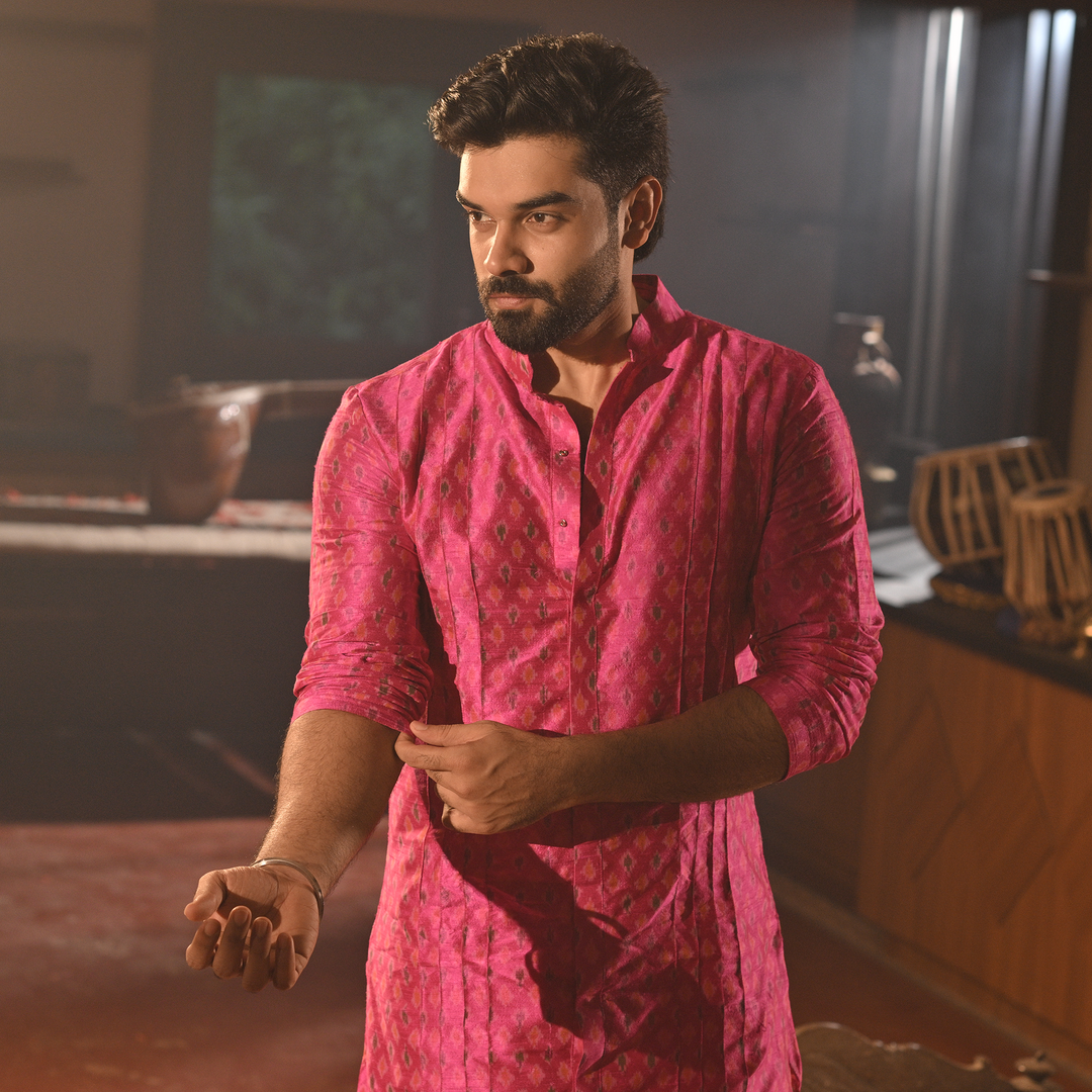 Pink Handwoven Kurta with Pyajama - Set