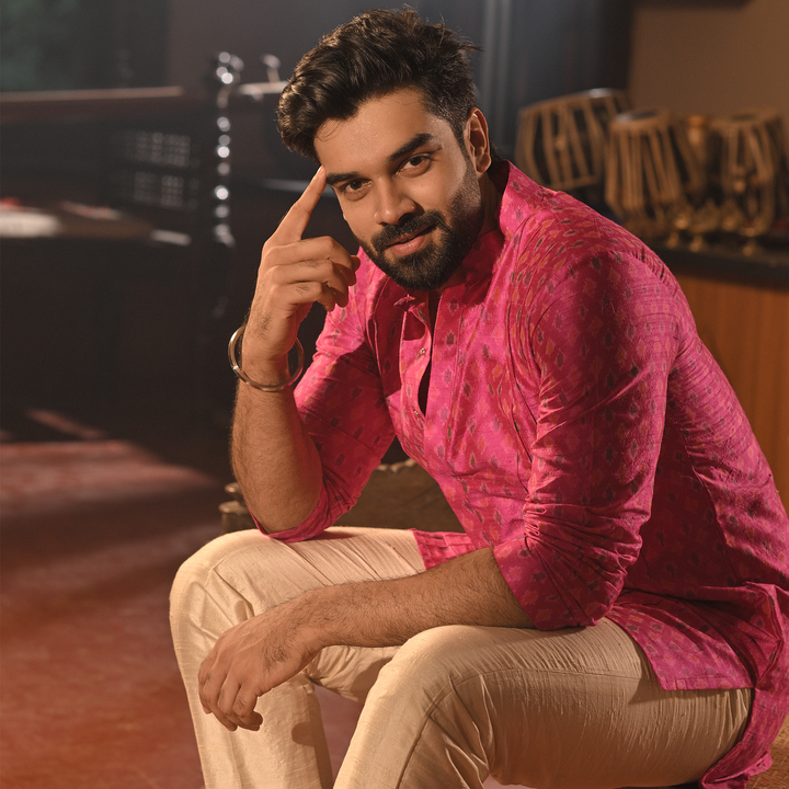 Pink Handwoven Kurta with Pyajama - Set