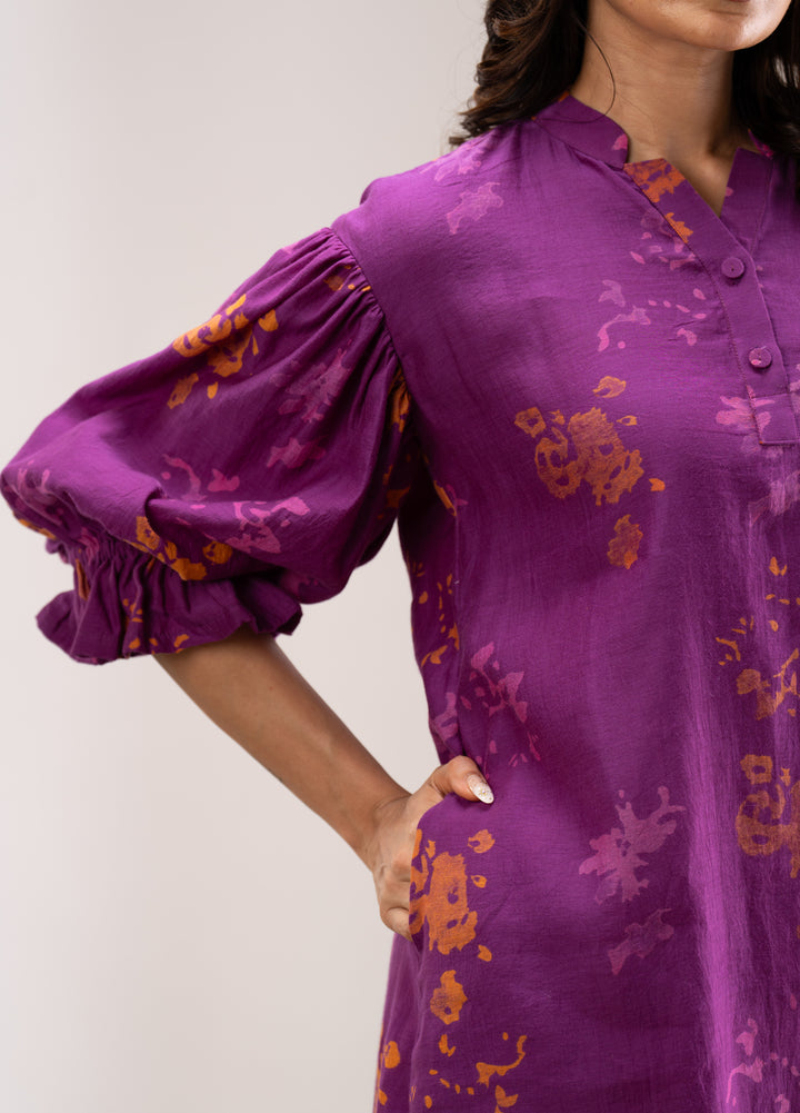 Block Printed Silk Cotton Off-Shoulder Dress with Puff Sleeves