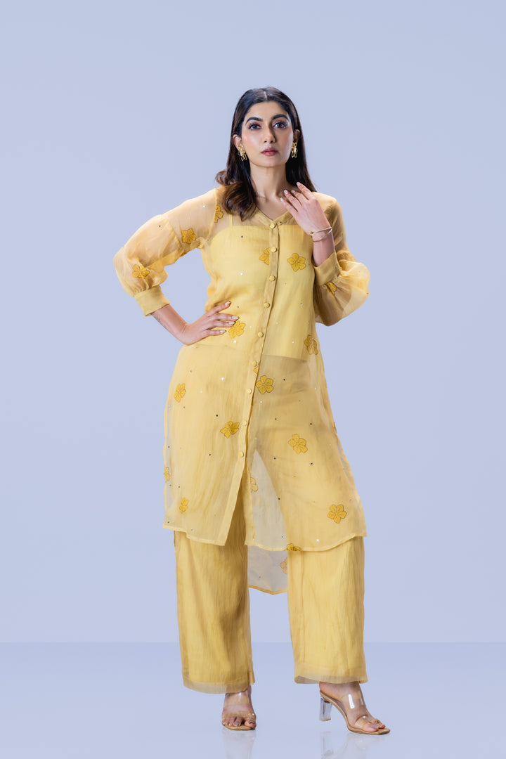Beige Mukkutti Block Print Silk Organza Long Shirt and Wide Leg Pant Set