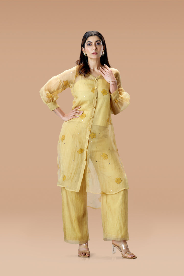 Beige Mukkutti Block Print Silk Organza Long Shirt and Wide Leg Pant Set