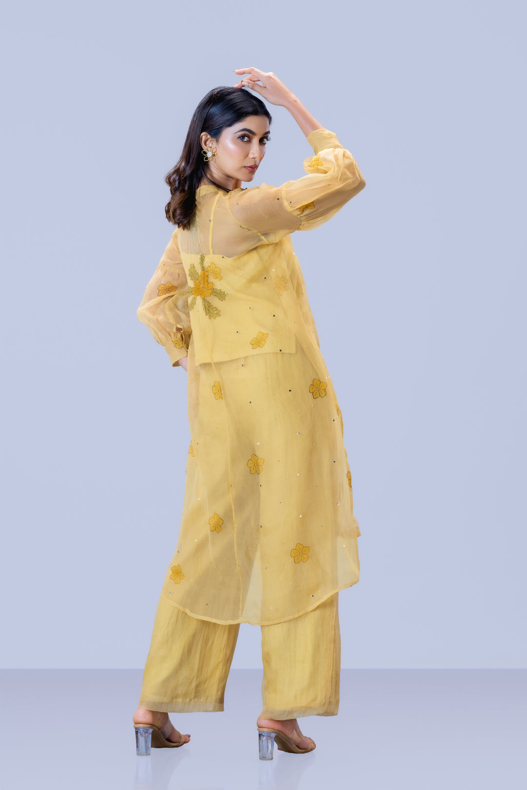 Beige Mukkutti Block Print Silk Organza Long Shirt and Wide Leg Pant Set