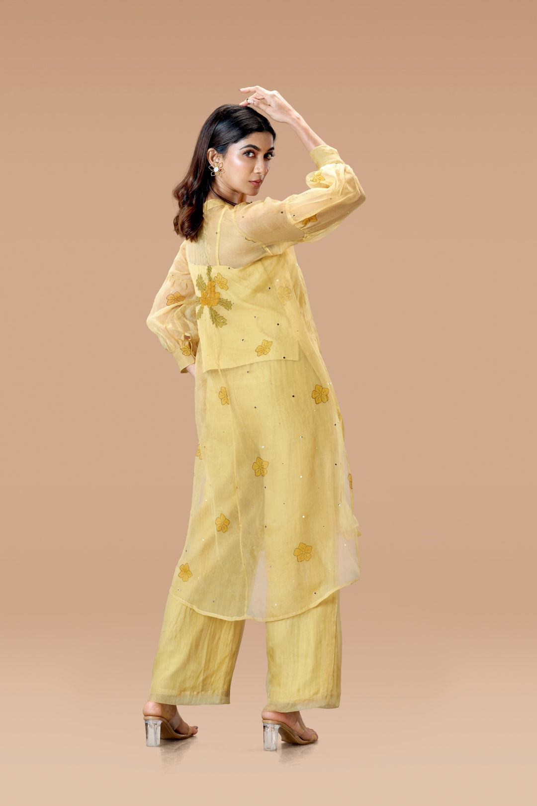 Beige Mukkutti Block Print Silk Organza Long Shirt and Wide Leg Pant Set