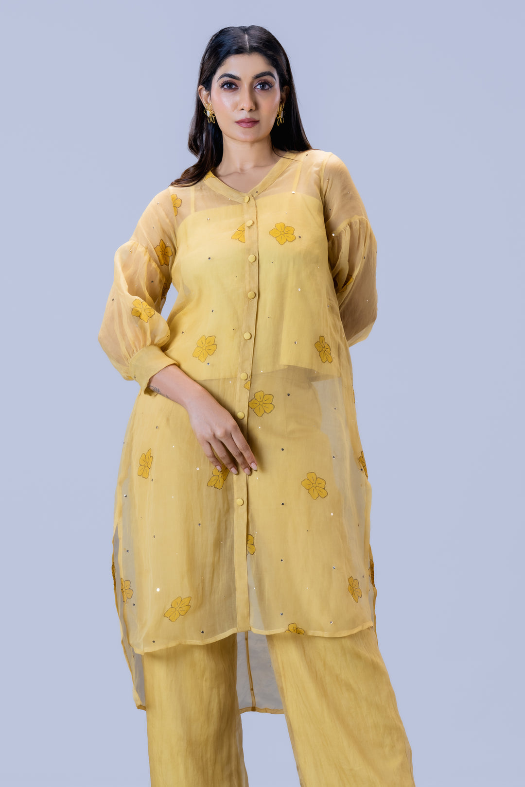 Beige Mukkutti Block Print Silk Organza Long Shirt and Wide Leg Pant Set