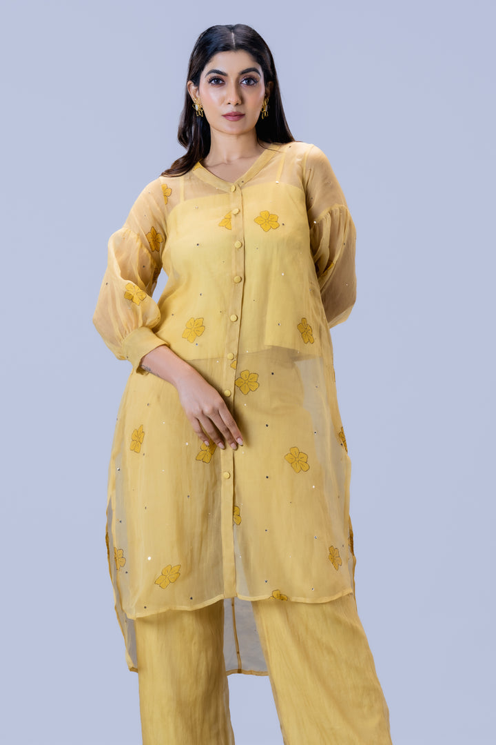 Beige Mukkutti Block Print Silk Organza Long Shirt and Wide Leg Pant Set