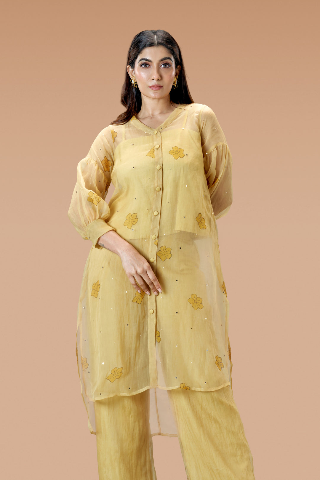 Beige Mukkutti Block Print Silk Organza Long Shirt and Wide Leg Pant Set