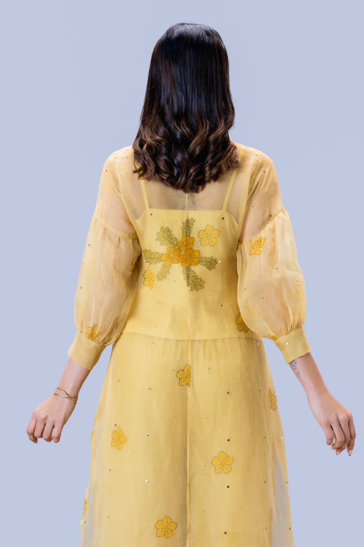 Beige Mukkutti Block Print Silk Organza Long Shirt and Wide Leg Pant Set