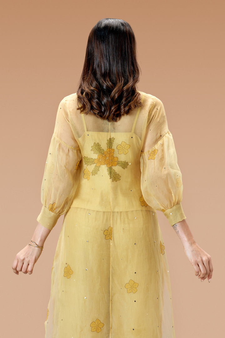 Beige Mukkutti Block Print Silk Organza Long Shirt and Wide Leg Pant Set
