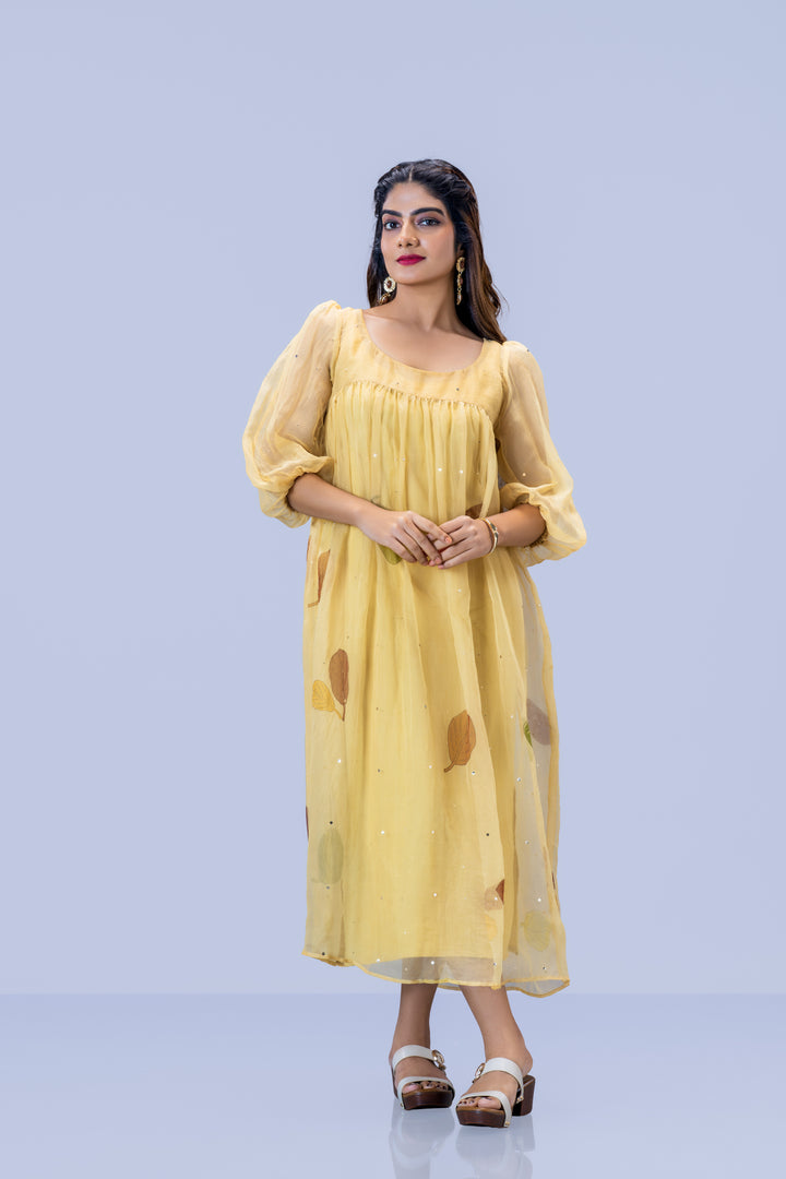 Beige Plaavila Block Print Silk Organza Puff Sleeve Dress