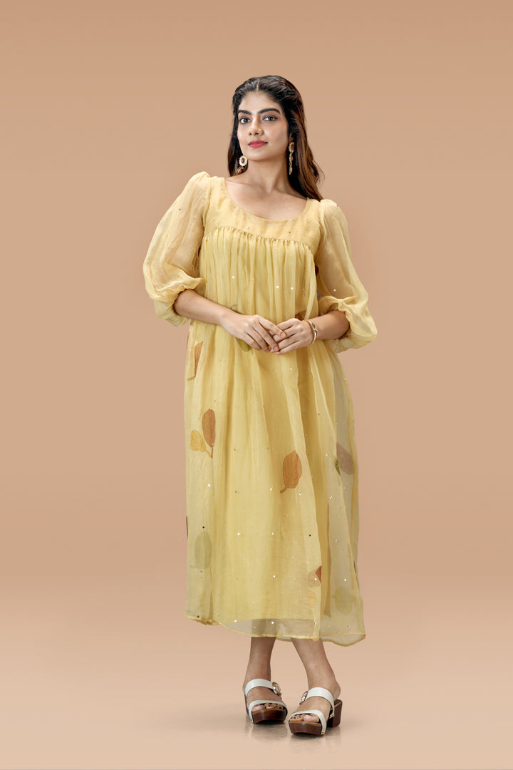 Beige Plaavila Block Print Silk Organza Puff Sleeve Dress