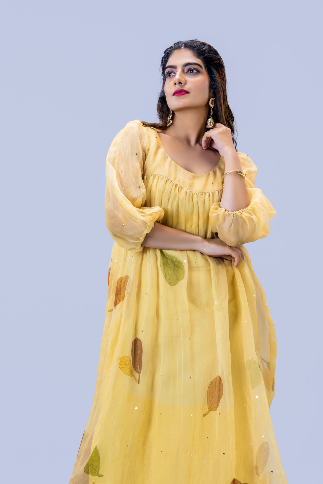 Beige Plaavila Block Print Silk Organza Puff Sleeve Dress
