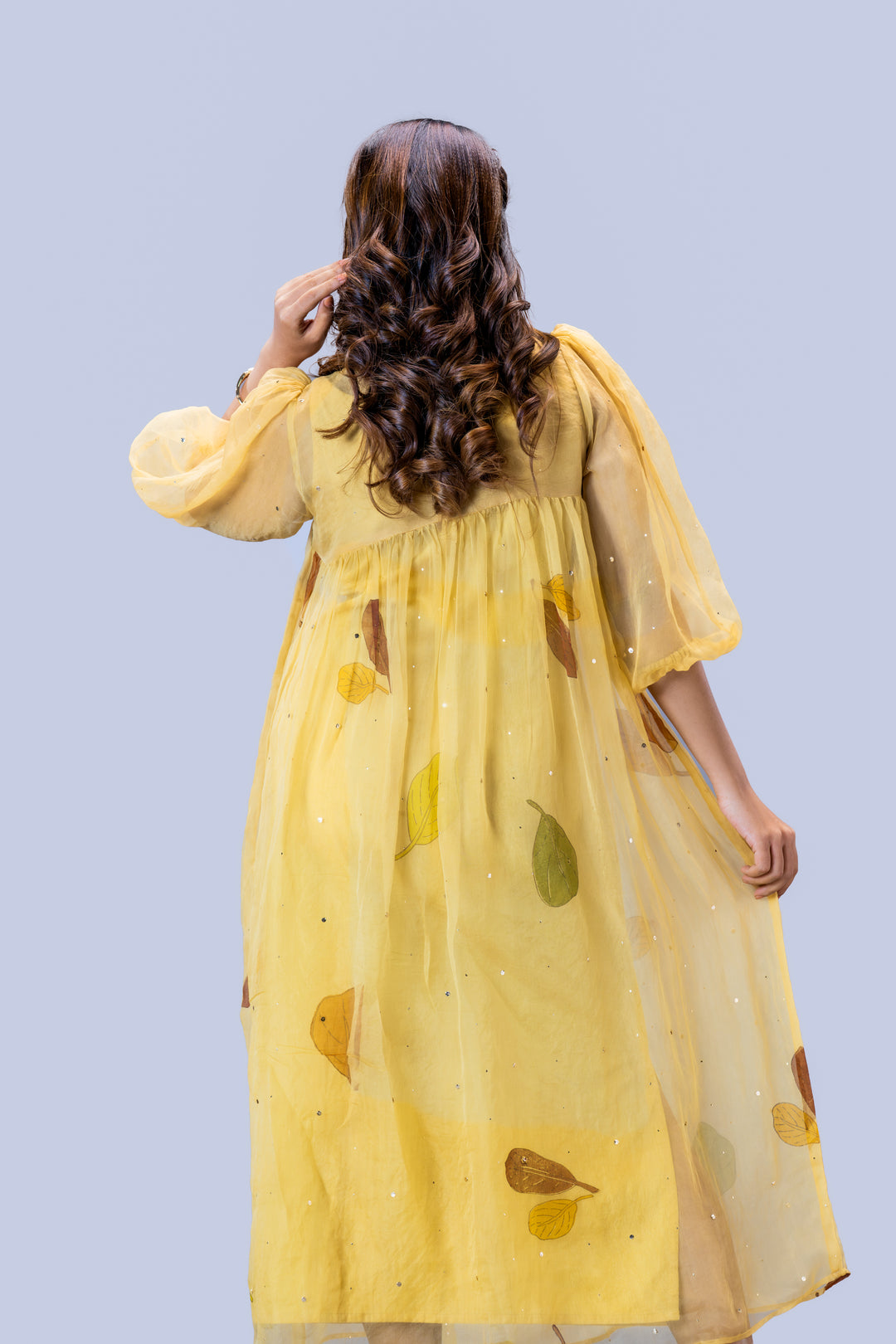 Beige Plaavila Block Print Silk Organza Puff Sleeve Dress