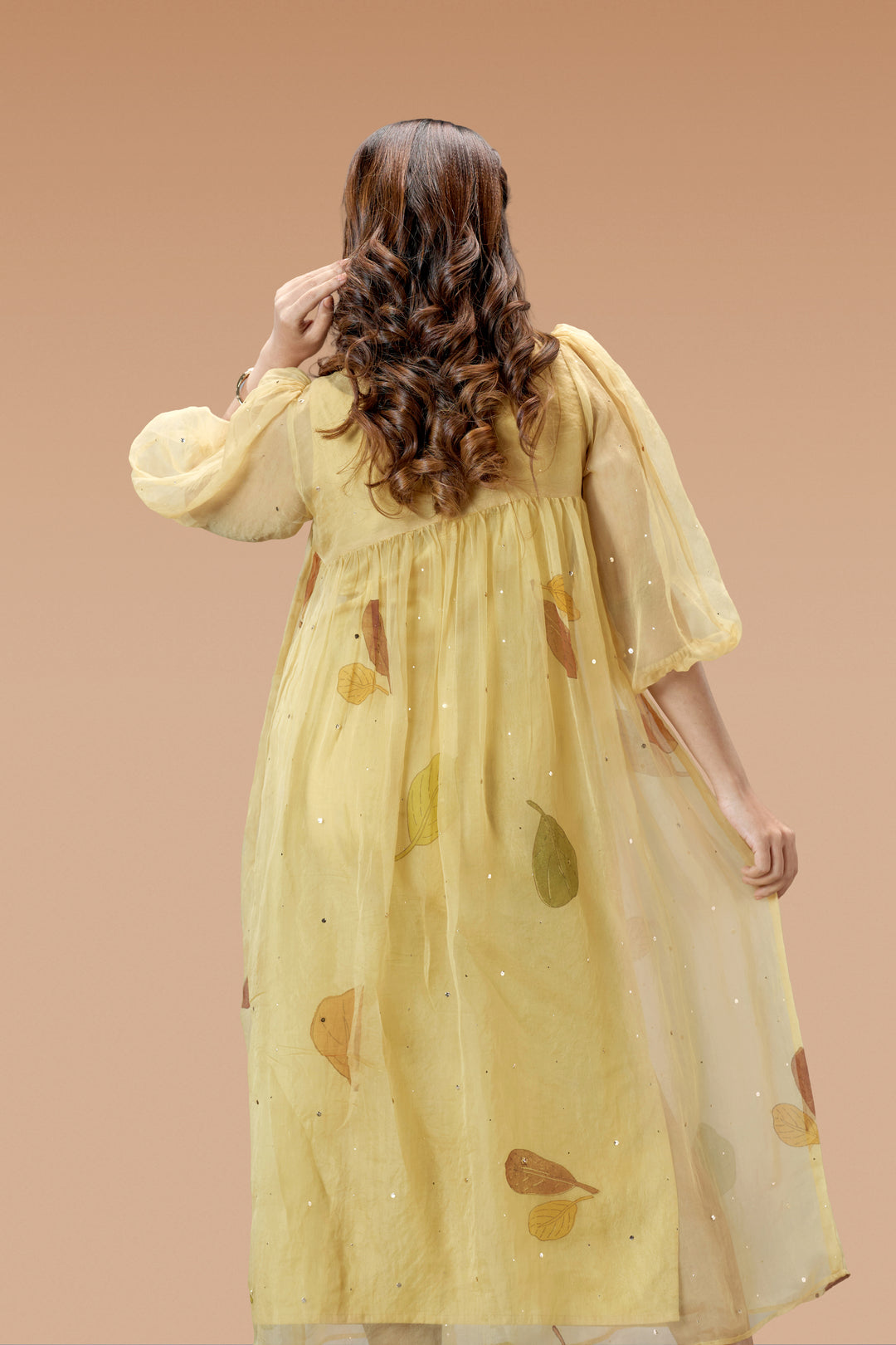 Beige Plaavila Block Print Silk Organza Puff Sleeve Dress