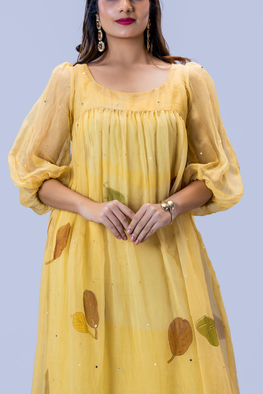 Beige Plaavila Block Print Silk Organza Puff Sleeve Dress
