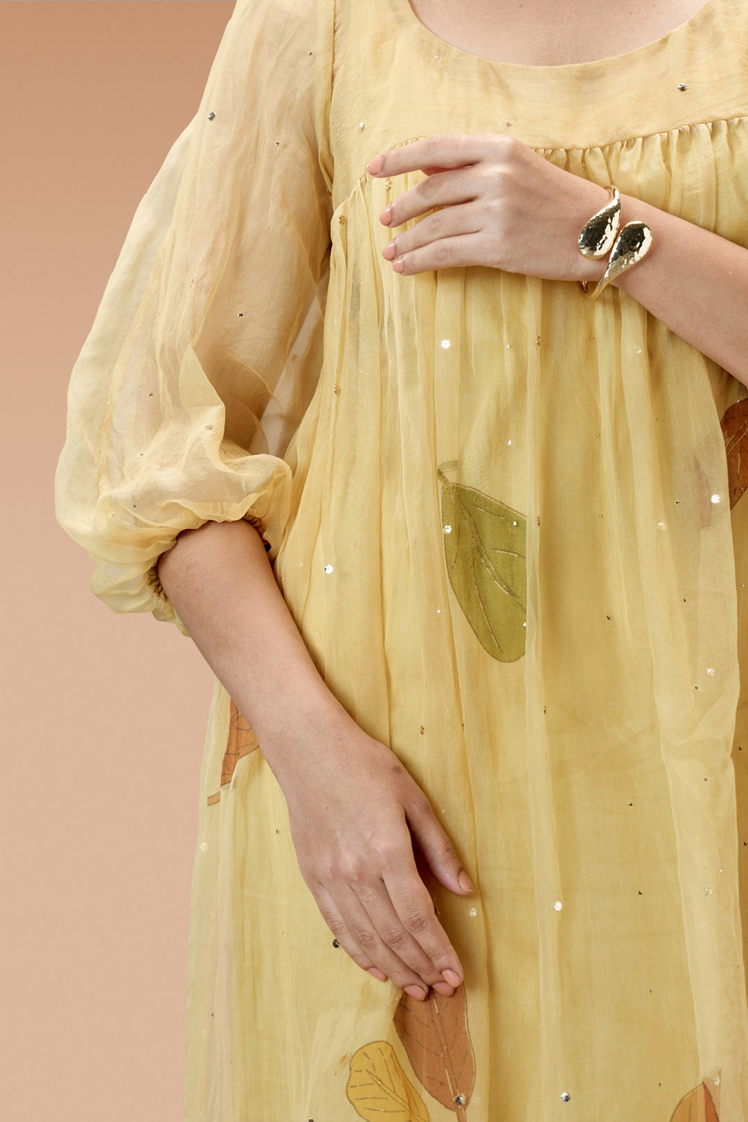 Beige Plaavila Block Print Silk Organza Puff Sleeve Dress