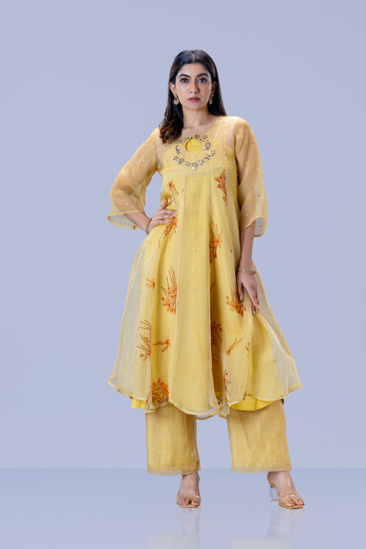 Beige Krishna Kireedam Block Print Silk Organza Panel Anarkali Top and Wide Leg Pant Set