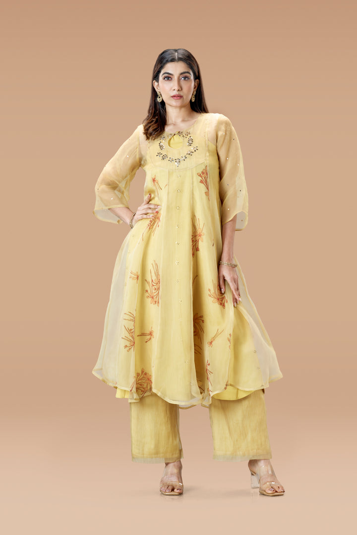 Beige Krishna Kireedam Block Print Silk Organza Panel Anarkali Top and Wide Leg Pant Set