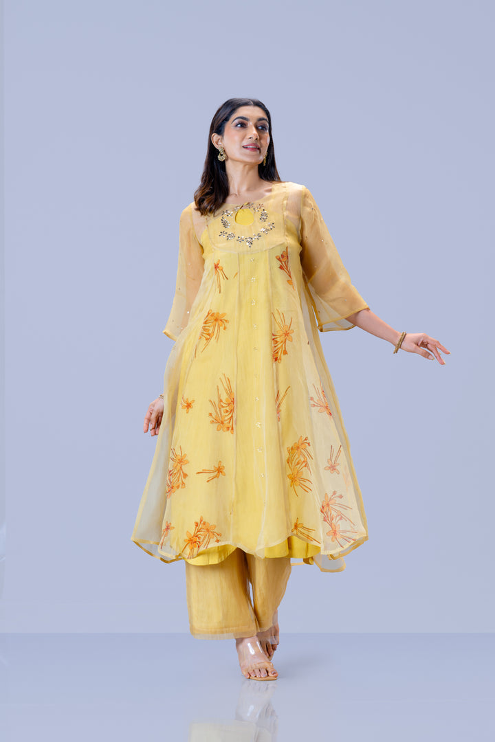 Beige Krishna Kireedam Block Print Silk Organza Panel Anarkali Top and Wide Leg Pant Set